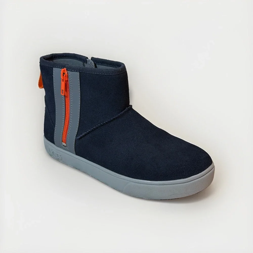 UGG Kids Classic Adler Side Zip Navy Blue Orange Suede Boots 1103641K Size 5Y